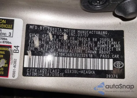 2007 Toyota Avalon Xls из США, поврежденный, VIN 4T1BK36B17U232618